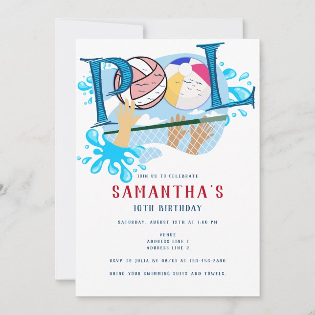Beach Volleyball Pool Sommerschwimmen Geburtstag Einladung (Vorderseite)
