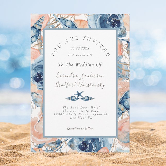 Beach Watercolor Muschel Rose Blumenblauer Hochzei Einladung (Von Creator hochgeladen)