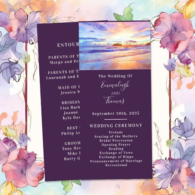 Beach Watercolor Pink Sunrise Wedding Programm (Von Creator hochgeladen)