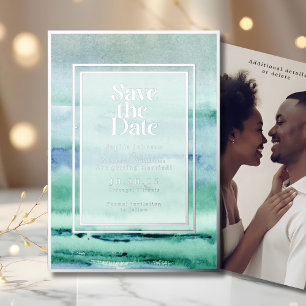 Beach Watercolor Save the Date Foto Blues Küste Folien Feiertagskarte