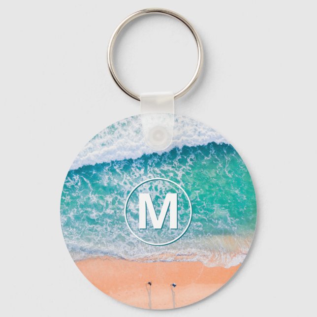 Beach Waves, White Monogram im Circle Schlüsselanh Schlüsselanhänger (Vorderseite)