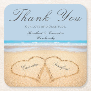 Beach Wedding 2 Herz im Sand Hochzeitspapier Rechteckiger Pappuntersetzer
