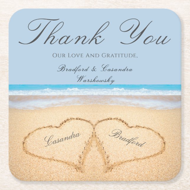 Beach Wedding 2 Herz im Sand Hochzeitspapier Rechteckiger Pappuntersetzer (Vorderseite)