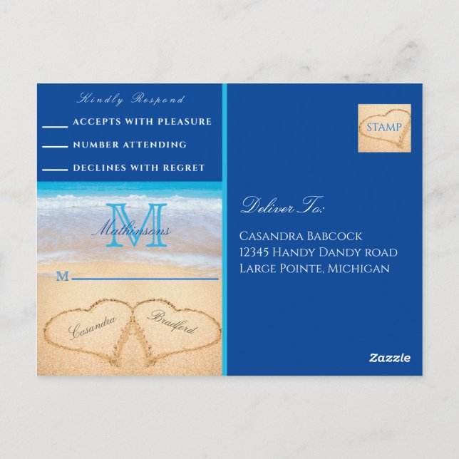 Beach Wedding 2 Herz Sand Dark Blue UAWG Postkarte (Rückseite)