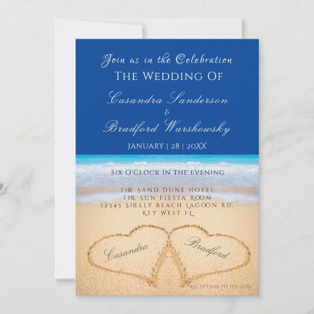 Beach Wedding 2 Herz Sand Wedding Dark Blue Inv Einladung (Vorderseite)