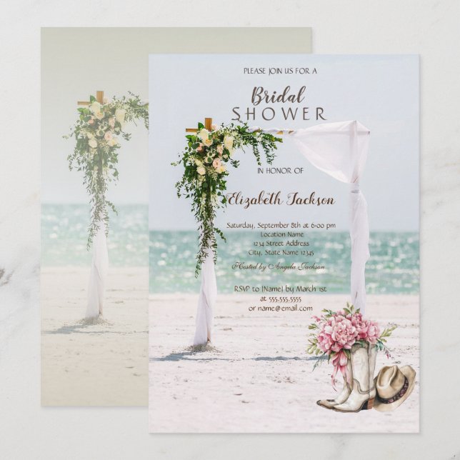 Beach Wedding Arbor Cowgirl Boots Bridal Shower Einladung (Vorne/Hinten)