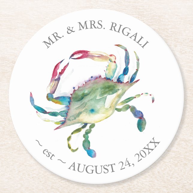 Beach Wedding Blue Crab Custom Drinks Coasters Runder Pappuntersetzer (Vorderseite)
