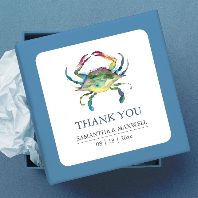 Beach Wedding Blue Crab Vielen Dank für Ihr Intere Quadratischer Aufkleber (Thank You Favor Square Sticker Beach Wedding Blue Crab art by Victoria Grigaliunas)