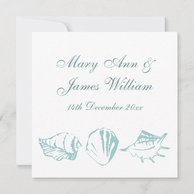 Beach Wedding Blue Seashells Einladung (Vorderseite)