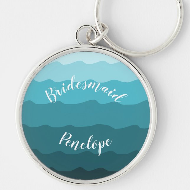 Beach Wedding Blue Waves Bridesmaid mit Namen Schlüsselanhänger (Vorne)