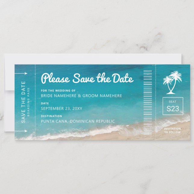 Beach Wedding Boarding Pass Moody Aquamarin Ocean  Save The Date (Vorderseite)
