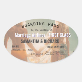 Beach Wedding Boarding Pass Romantic Ovaler Aufkleber