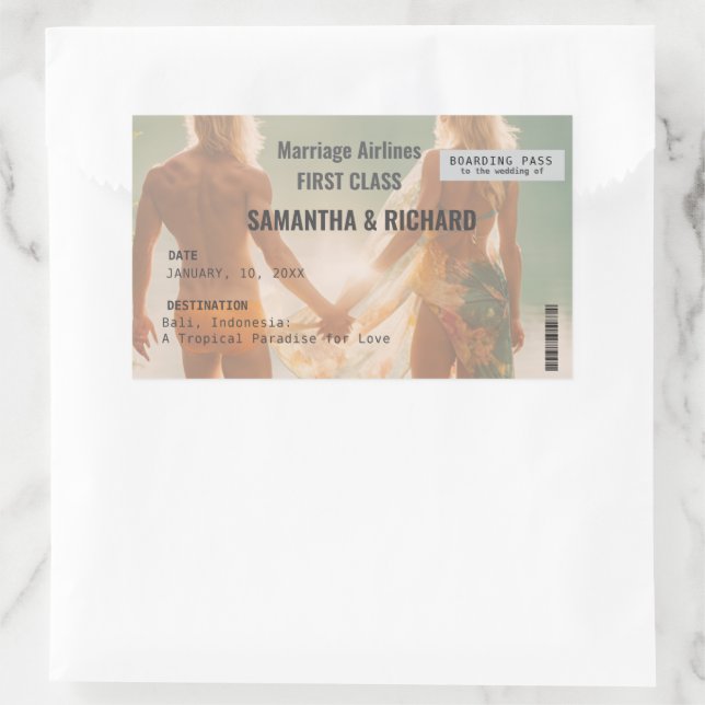 Beach Wedding Boarding Pass Romantic  Rechteckiger Aufkleber (Tasche)