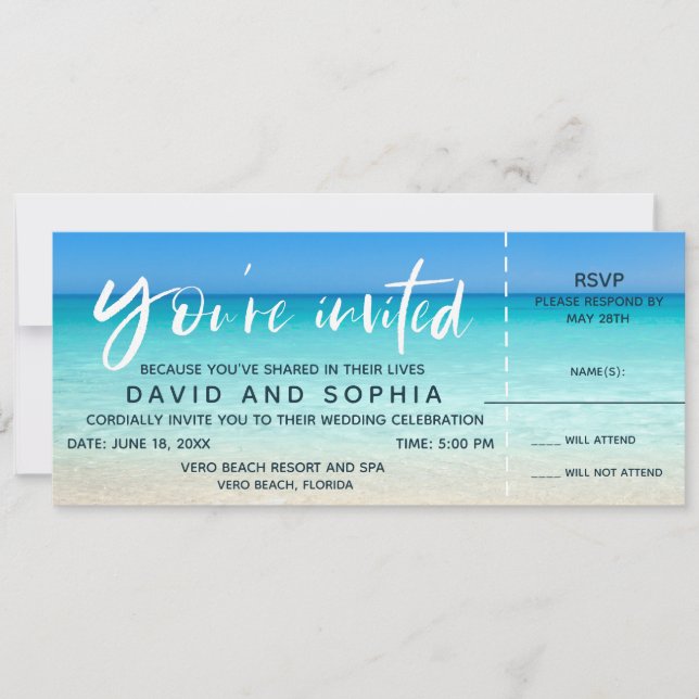Beach Wedding Boarding Pass Ticket UAWG Einladung (Vorderseite)