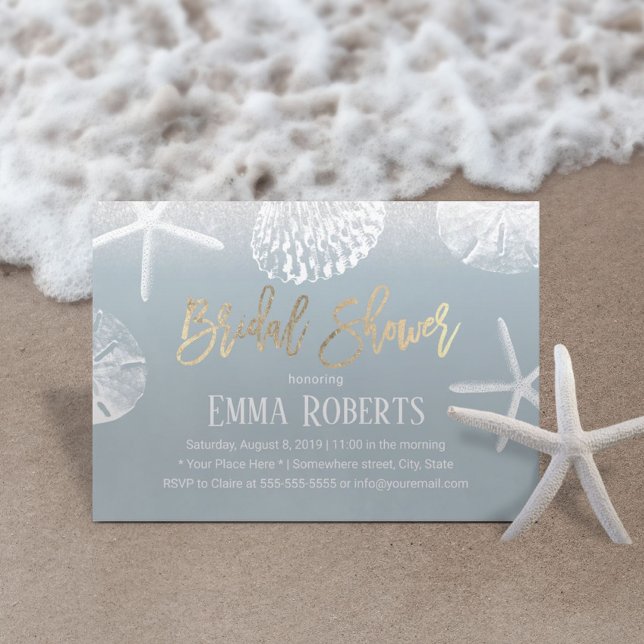 Beach Wedding Brautparty Dusty Blue Seashells Einladung (Von Creator hochgeladen)
