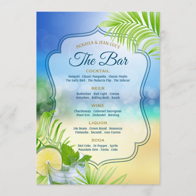 Beach Wedding Cool Mojito Palm Blätter Die offene  Menükarte (Vorderseite)