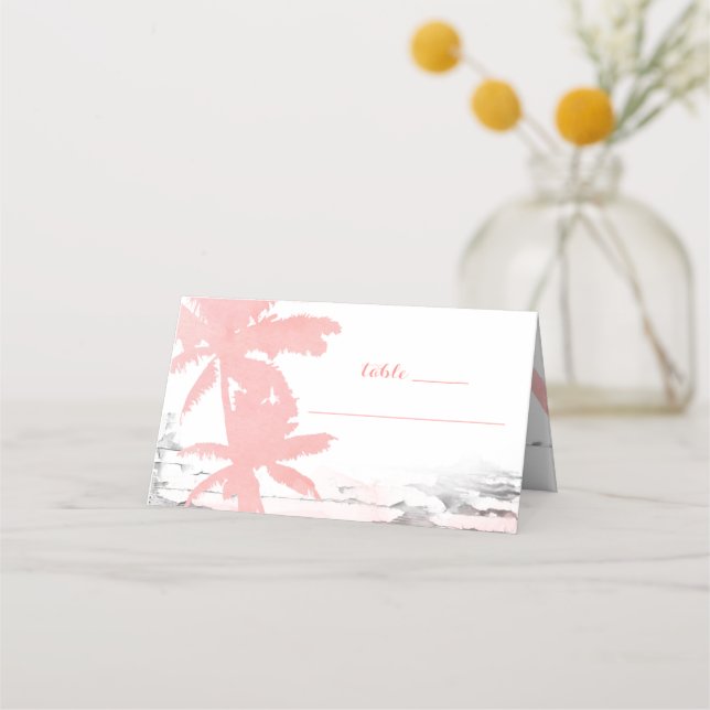 Beach Wedding Coral Palm Trees Platzkarte (Vorderseite)