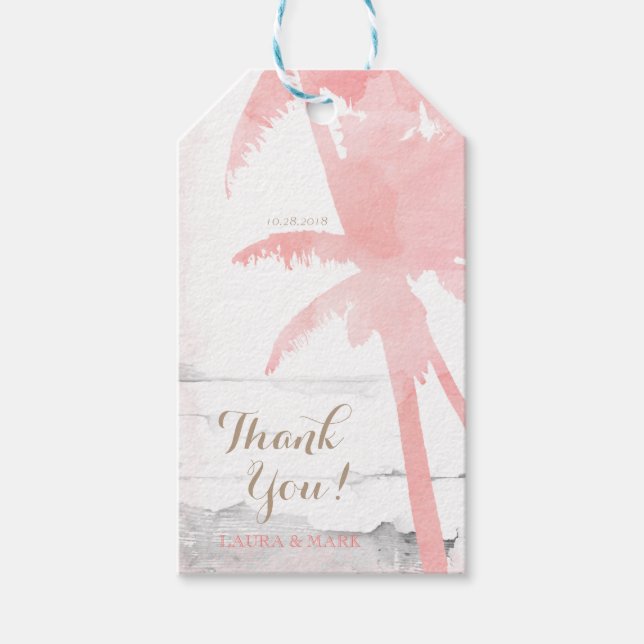 Beach Wedding Coral Palm Trees Wood Wasserfarbe Geschenkanhänger (Vorderseite)