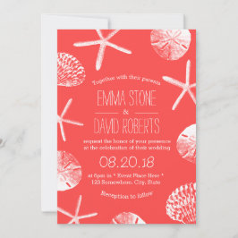 Beach Wedding Coral Red Starfish & Seashells Einladung