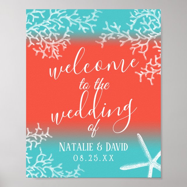 Beach Wedding Coral Reef & Starfish Begrüßungszeic Poster (Vorne)