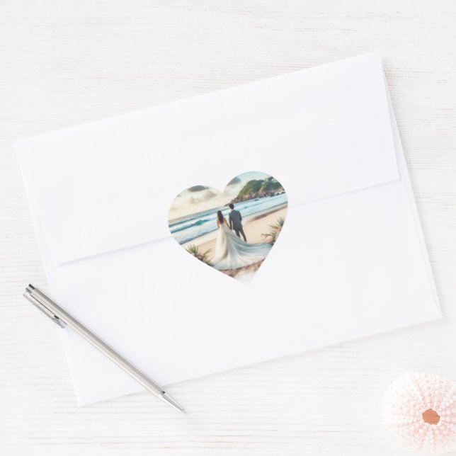 Beach Wedding Couple Herz-Aufkleber (Umschlag)
