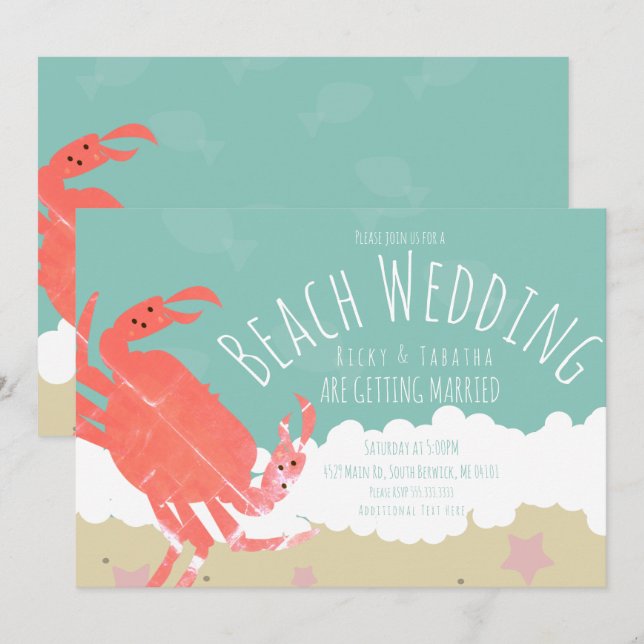 Beach Wedding Crab Sand Ocean Waves Einladung (Vorne/Hinten)