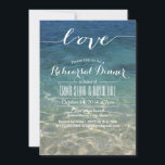 Beach Wedding Elegante Script Liebe Probe Dinner Einladung<br><div class="desc">Elegant Blue Beach Sea Wasser Script Liebe Probe Dinner Einladungen.</div>