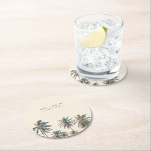 Beach Wedding Empfang Palm Tree Personalisiert Runder Pappuntersetzer