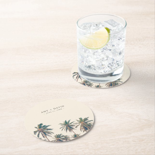 Beach Wedding Empfang Palm Tree Personalisiert Runder Pappuntersetzer (Vor Ort)