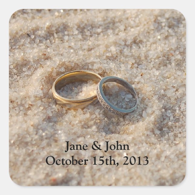 Beach Wedding Favor Stickers - Rings in Sand (Vorderseite)