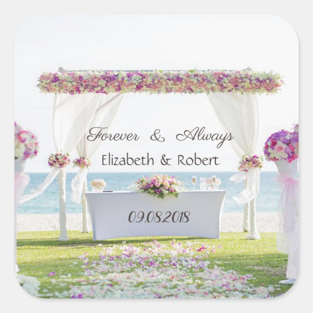 Beach Wedding Floral Quadratischer Aufkleber (Vorderseite)