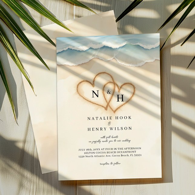 Beach Wedding Foto Einladung mit Sandherzen (Tropical Beach Wedding Invite)