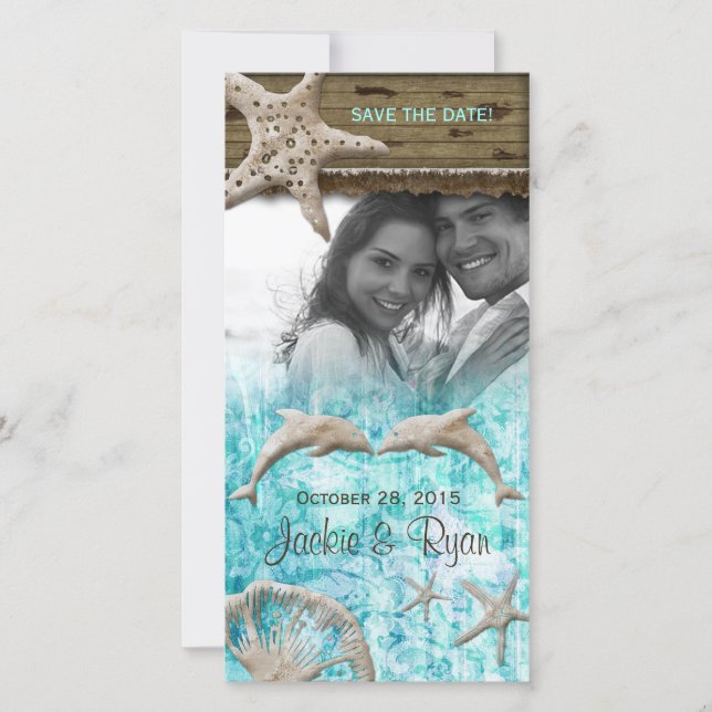 Beach Wedding Fotokarte Dolphins Blue Muscheln Save The Date (Vorderseite)