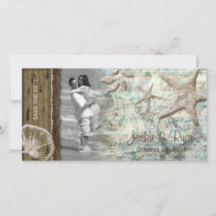 Beach Wedding Fotokarte Seashell Beige Holz Save The Date