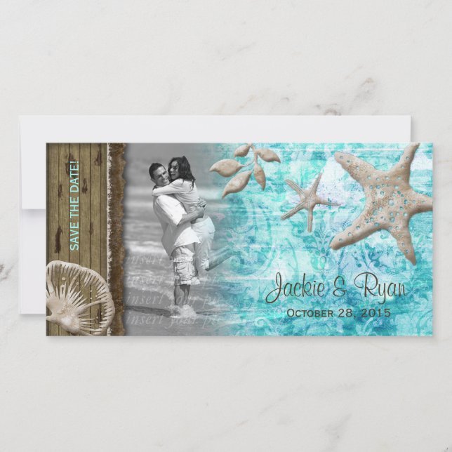 Beach Wedding Fotokarte Seashell Blue Wood Save The Date (Vorderseite)