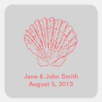 Beach Wedding Gefallen Stickers: Scallop auf Grau Quadratischer Aufkleber