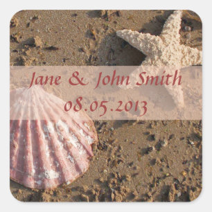 Beach Wedding Gefälligkeiten Sticker: Muschel und Quadratischer Aufkleber