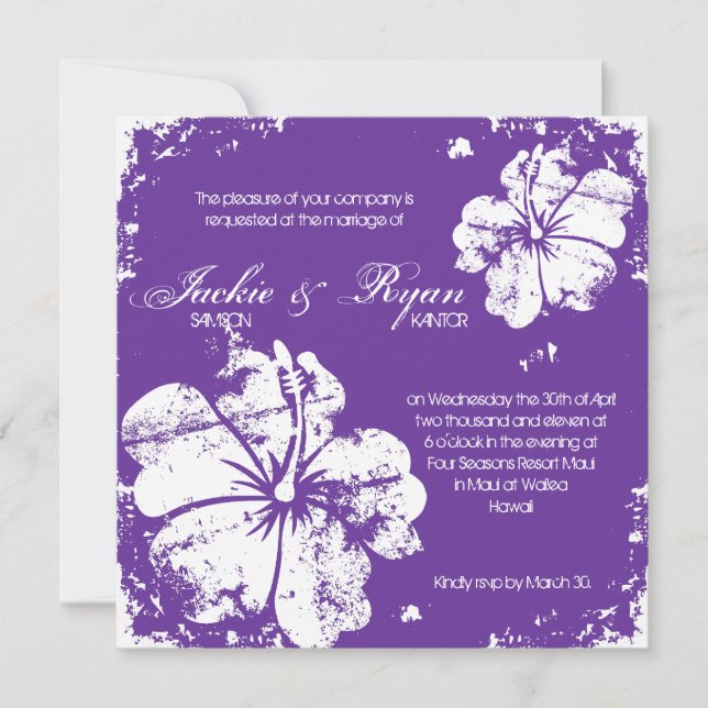 Beach Wedding Grunge Hibiskus Lila Einladung (Vorderseite)