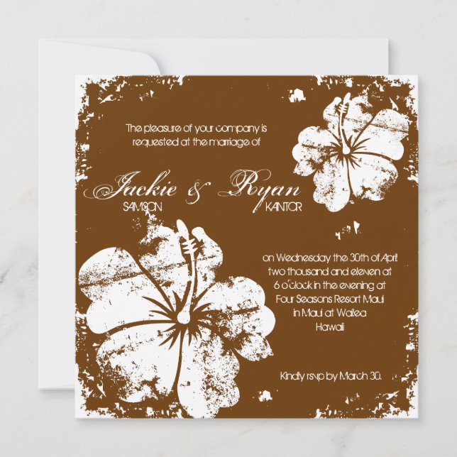 Beach Wedding Grunge Hibiskus Schokolade Brown Einladung (Vorderseite)