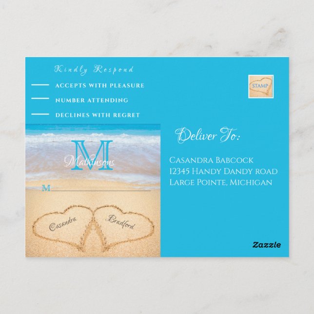 Beach Wedding Hearts im Sand UAWG Postkarte (Rückseite)