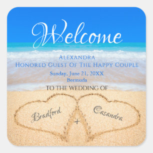 Beach Wedding Hearts in Sand Willkommen Keepake Quadratischer Aufkleber
