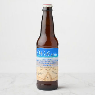 Beach Wedding Hearts in Sand Willkommen Sake sein Bierflaschenetikett