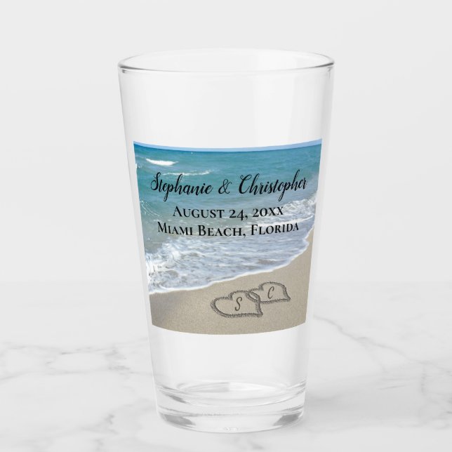 Beach Wedding Hearts in the Sand Elegant Glas (Vorderseite)