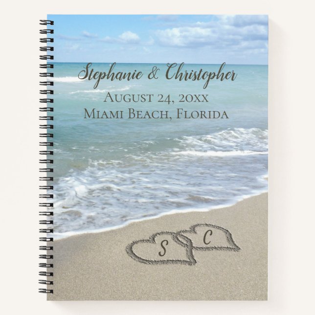 Beach Wedding Hearts in the Sand Elegant Notizbuch (Vorderseite)