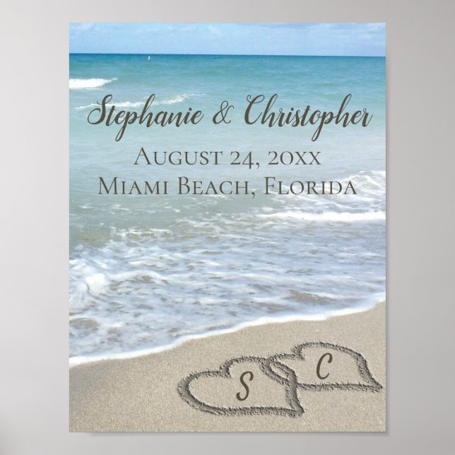 Beach Wedding Hearts in the Sand Elegant Poster (Vorne)