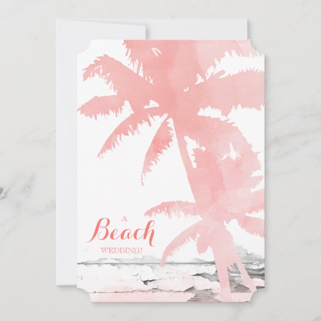Beach Wedding Invite Coral Palm Trees Wood Einladung (Vorderseite)
