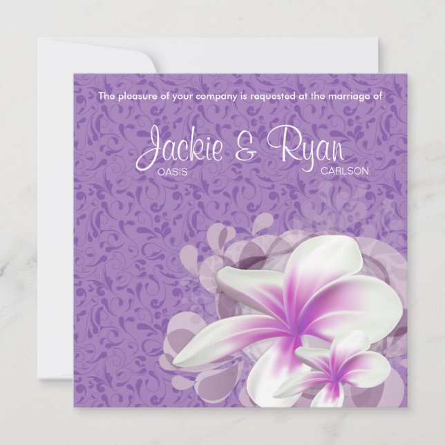 Beach Wedding Invite Plumeria Blume Lila Wirbel Einladung (Vorderseite)