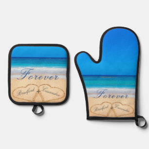 Beach Wedding / Jubiläum Keepake Herz Sand Ofenhandschuh & Topflappen-Set