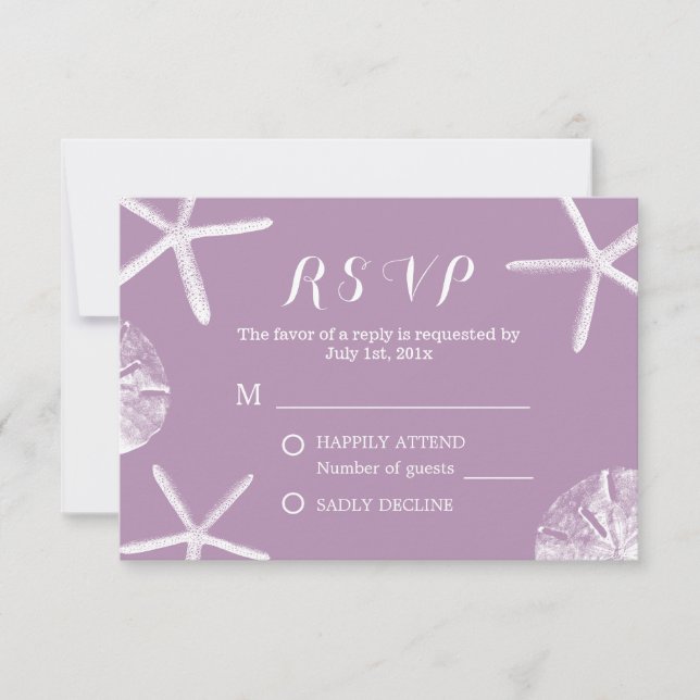 Beach Wedding Lila Starfish & Sand Dollar UAWG RSVP Karte (Vorderseite)
