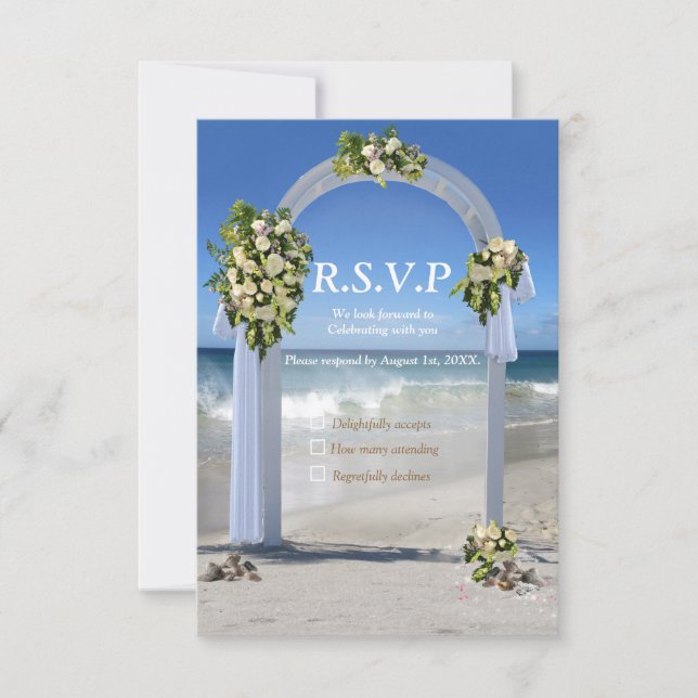 Beach Wedding mit White Roses RSVP Card (Vorderseite)